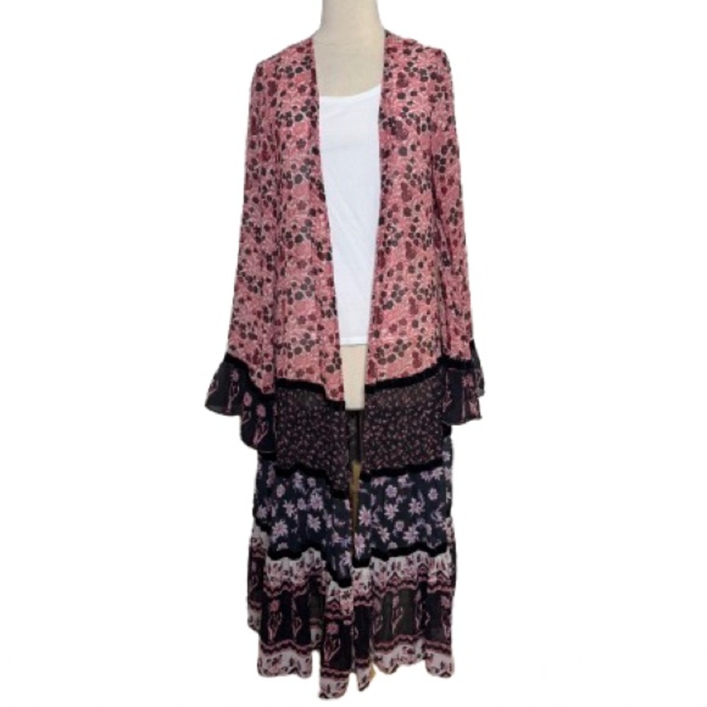 Free People Pink and Black Floral Kimono